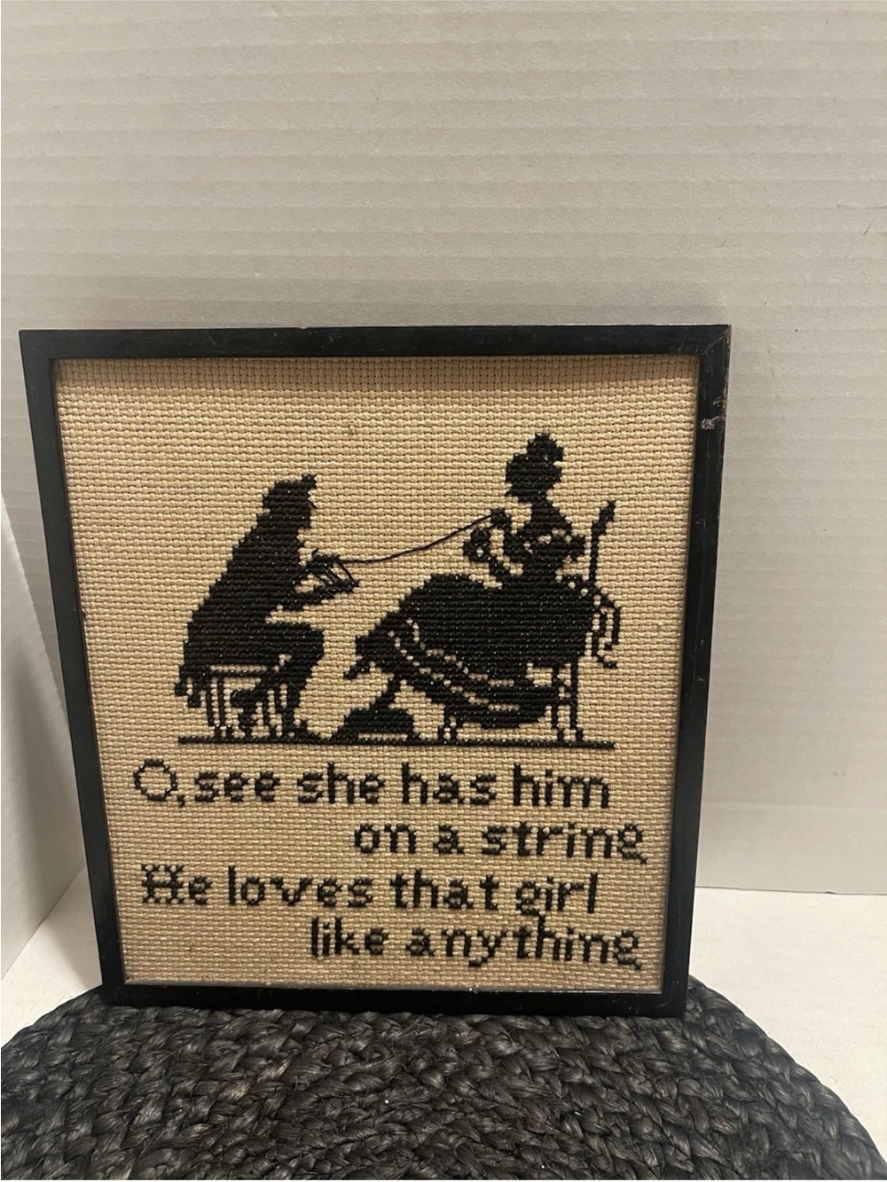 Antique 1920s Framed Black Silhouette Needlepoint Beige vintage